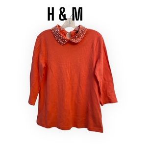 H&M Coral Cotton Top w/Pearl Peter Pan Collar S